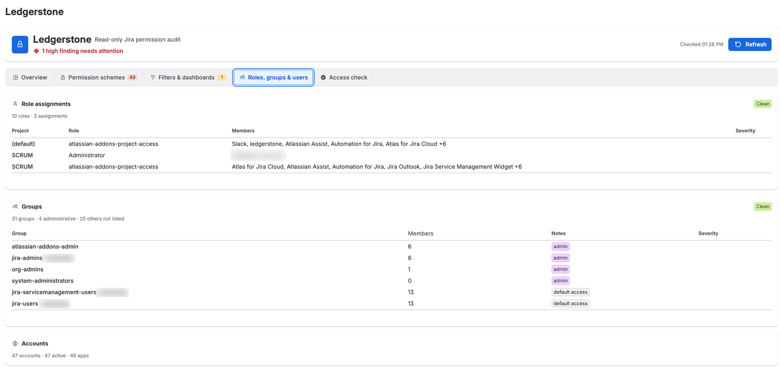 Roles, groups and users tab: role assignments, administrative and default-access groups, and account counts